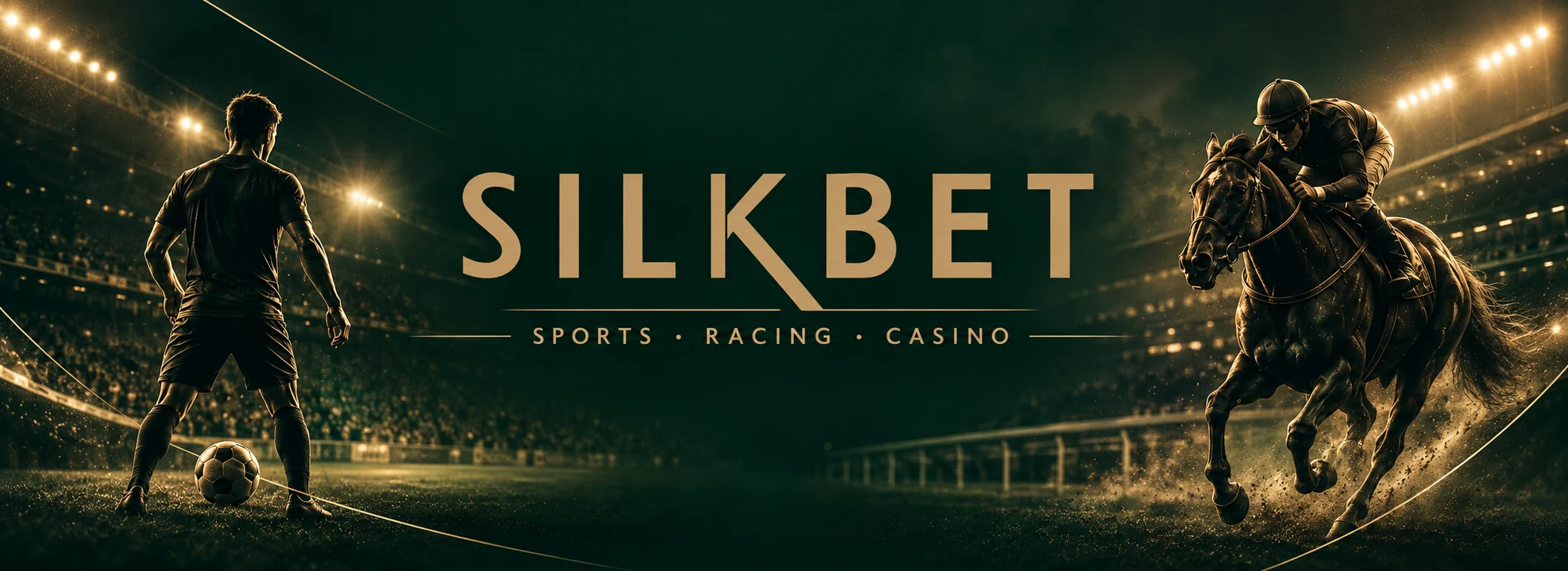 Silkbet betting site under floodlights with the gold Silkbet wordmark on deep green